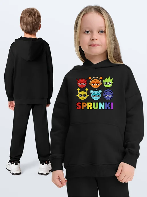 Каждому Своё Kids Детское Худи Спрунки Игра Принт Мультяшные Лица Теплое, черный