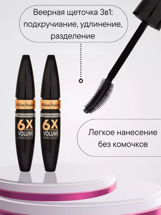 MILLIONE PAULINE Тушь для ресниц черная объем и удлинение водостойкая, черный, фото 7