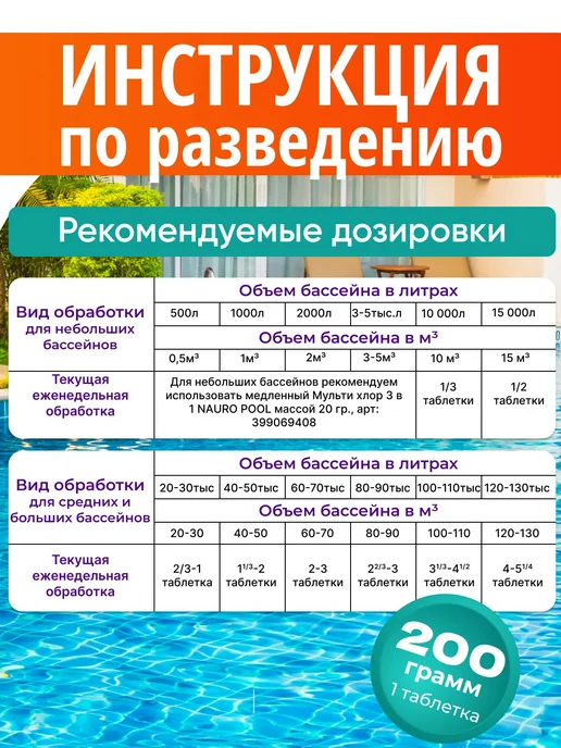 NaURo Pool Медленный хлор в таблетках для бассейна, 200 гр, 200 г, фото 3