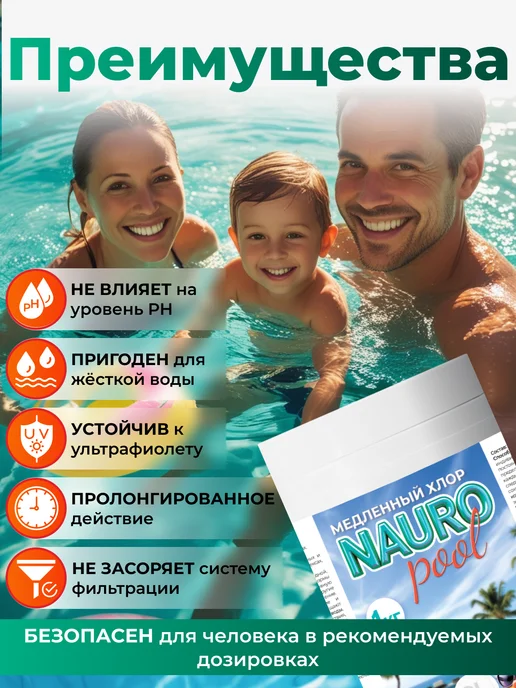 NaURo Pool Медленный хлор в таблетках для бассейна, 200 гр, 200 г, фото 5
