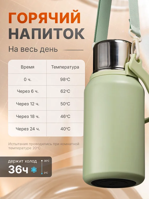NURELiCO Термос 1 литр для чая металлический с кнопкой и чашкой, зеленый, фото 4