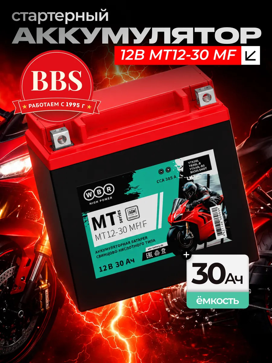 Аккумулятор стартерный MT12-30 MF 12В 30Ач (SMT12-30)