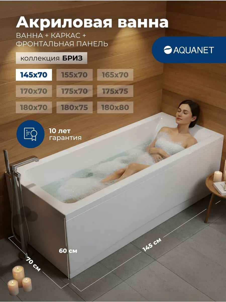 Ванна Бриз 145*70 Комплект 3 в 1, каркас, панель