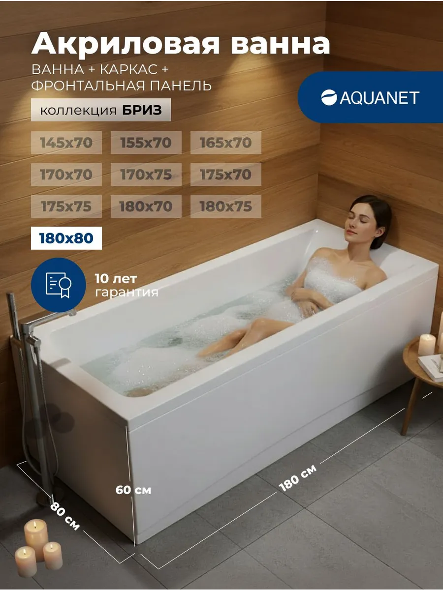Ванна Бриз 180*80 Комплект 3 в 1, каркас, панель