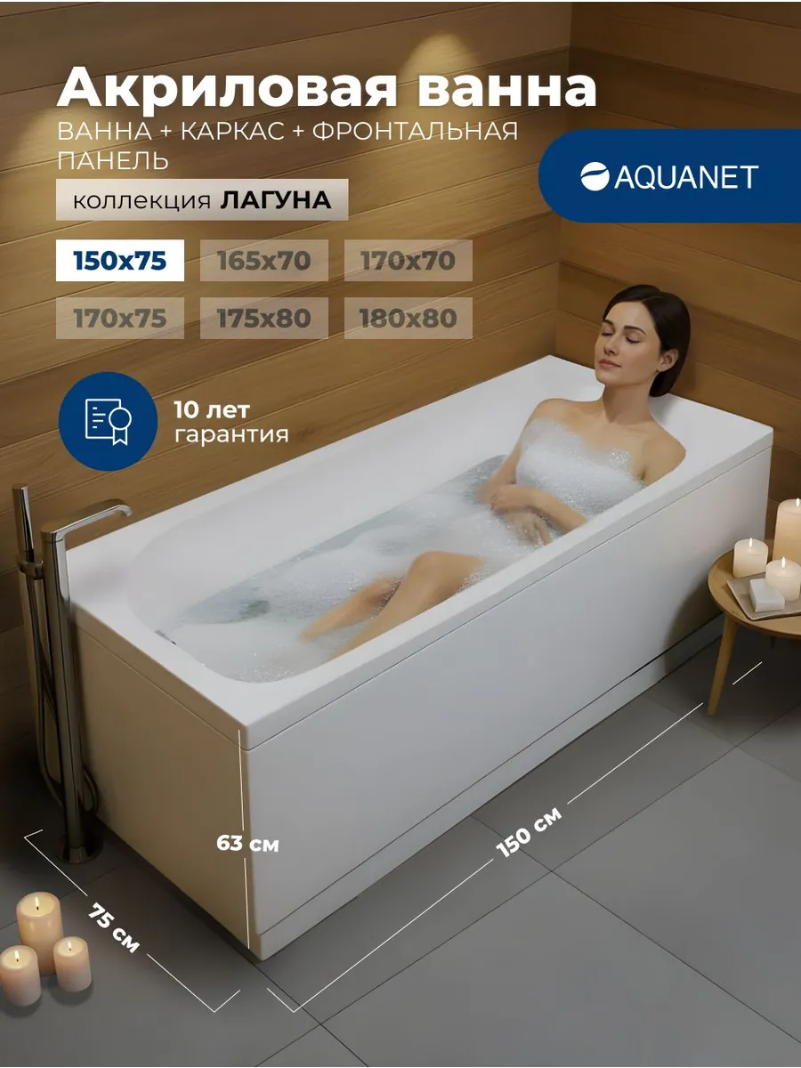 Ванна Лагуна 150*75 Комплект 3 в 1, каркас, панель