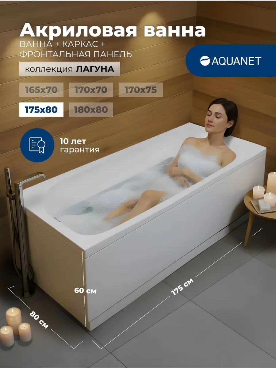 Ванна Лагуна 175*80 Комплект 3 в 1, каркас, панель