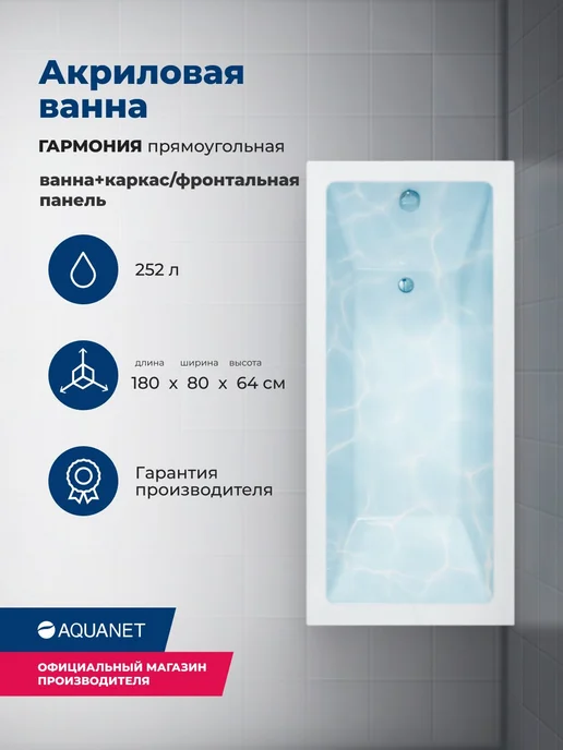 Aquanet Ванна Гармония 180*80 Комплект 3 в 1, каркас, панель, 180x80