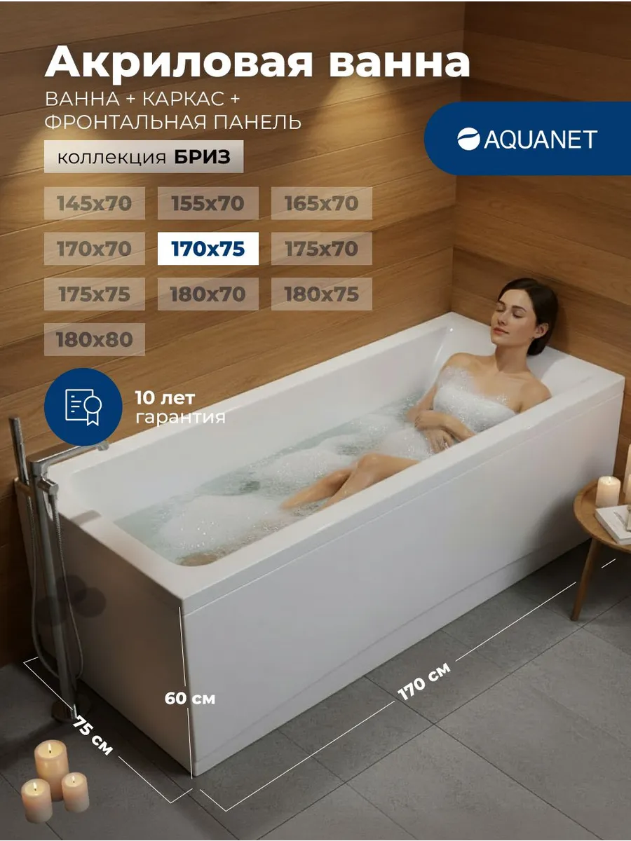 Ванна Бриз 170*75 Комплект 3 в 1, каркас, панель