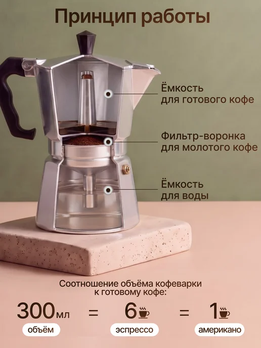 Homa Кофеварка гейзерная 300 мл для газовой плиты, 300 мл, фото 4