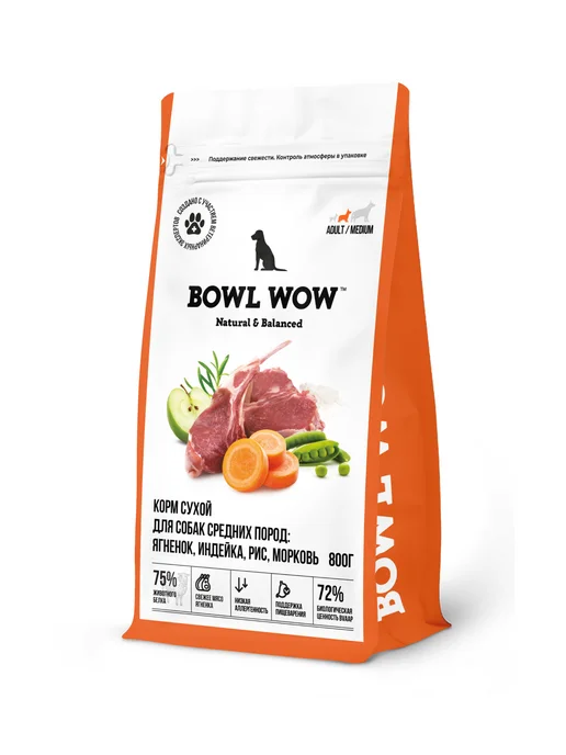 Сухой корм BOWL WOW Fresh Meat для собак, индейка, ягненок, 0,8 кг