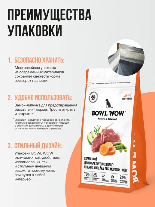 Сухой корм BOWL WOW Fresh Meat для собак, индейка, ягненок, 0,8 кг, фото 2