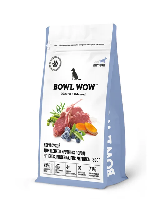 Сухой корм BOWL WOW Fresh Meat для собак, щенки, индейка, ягненок, 0,8 кг