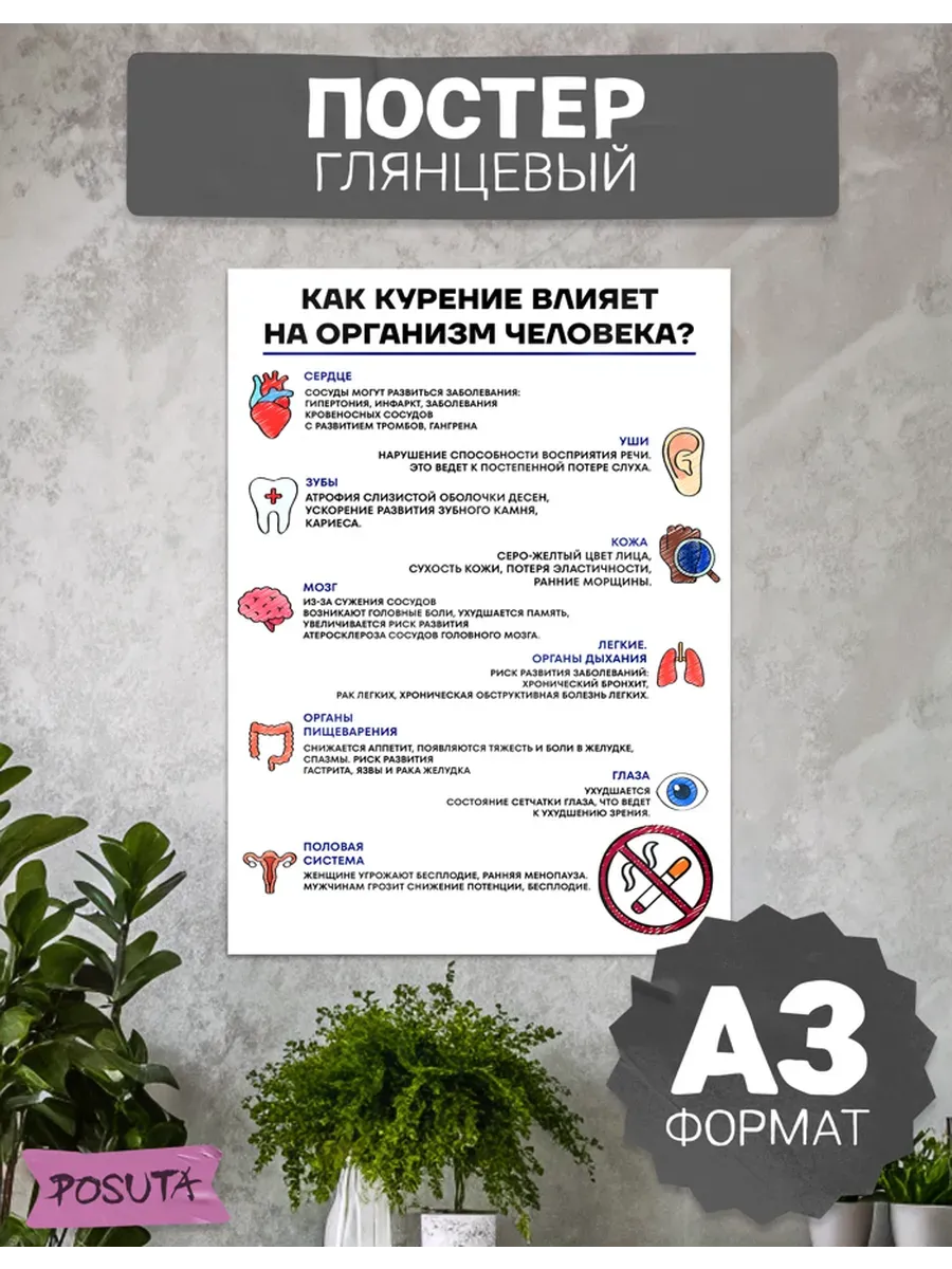 Плакат медицинский на стену вред курения