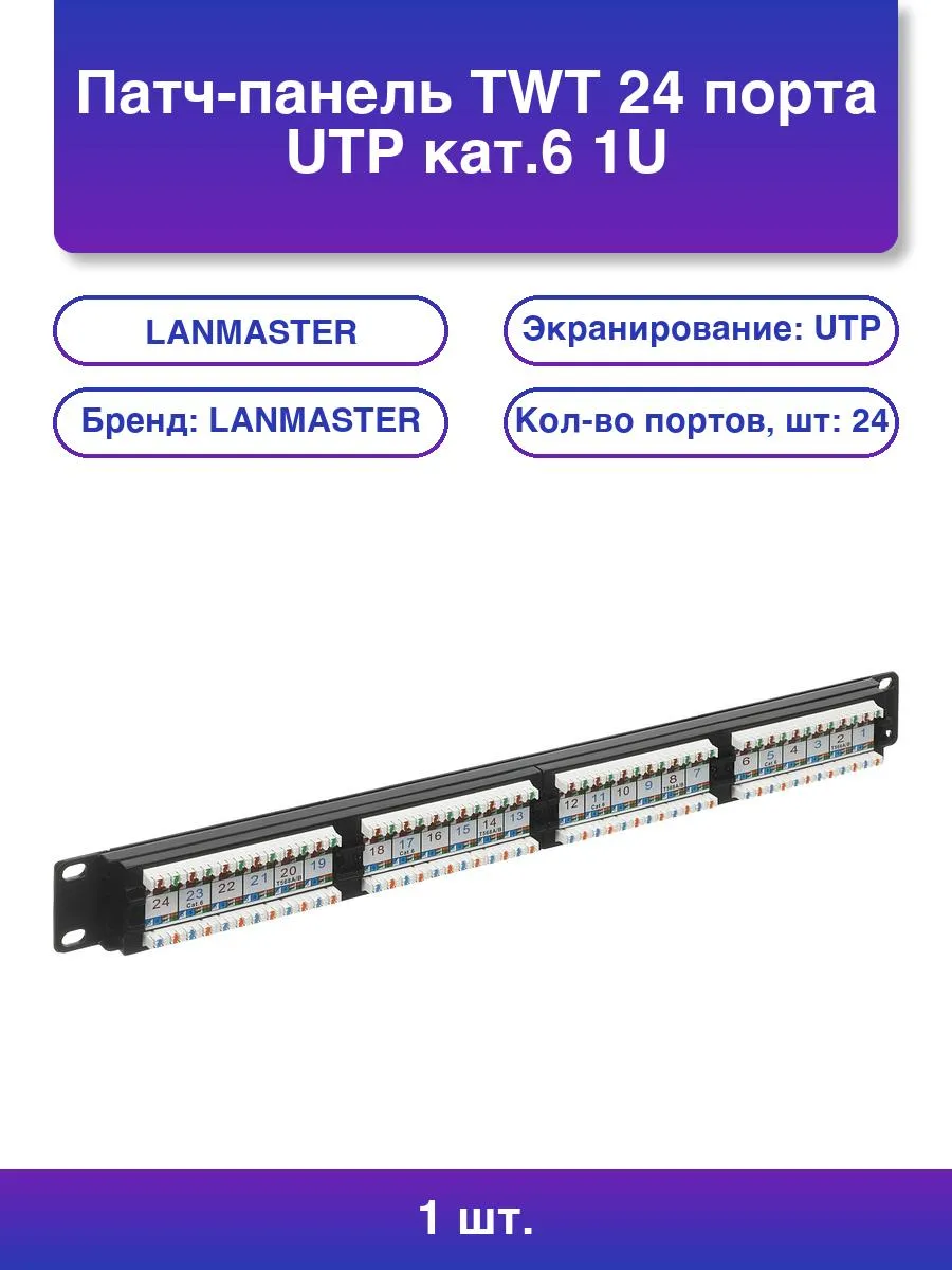 1шт. Патч-панель Twt 24 порта Utp кат.6 1U