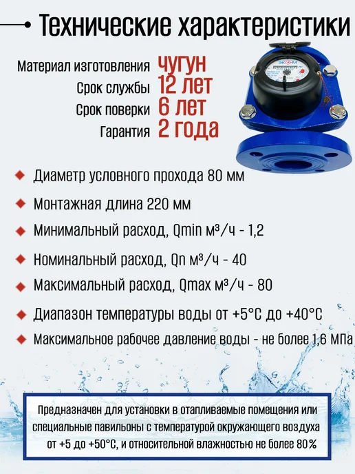 ЭКОМЕРА Счетчик воды 80Ф Холодный Фланцевый, синий, фото 3