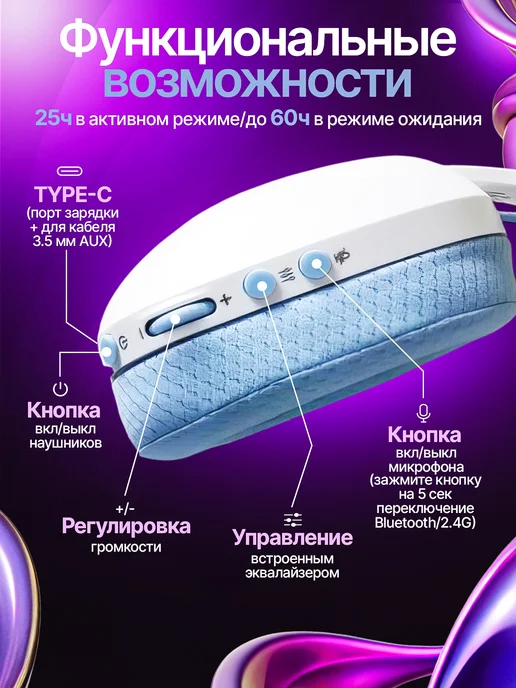 ONIKUMA Беспроводные наушники большие для пк B2, голубой, фото 2
