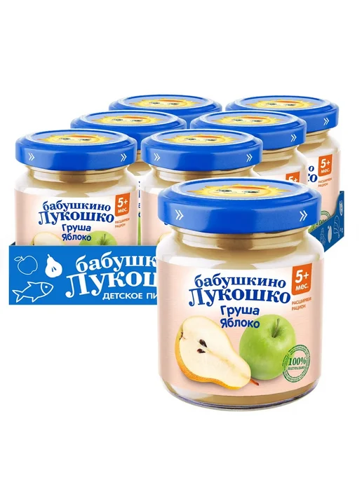 бабушкино лукошко Пюре груша, яблоко, 5+ мес, 100 гр (6 штук), 100 г, фото 2