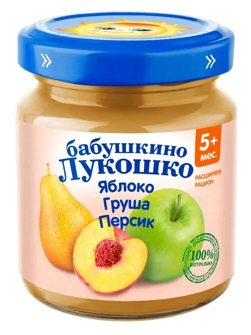 бабушкино лукошко Пюре детское фруктовое яблоко, груша, персик, с 5 мес,6 шт, 100 г, фото 2