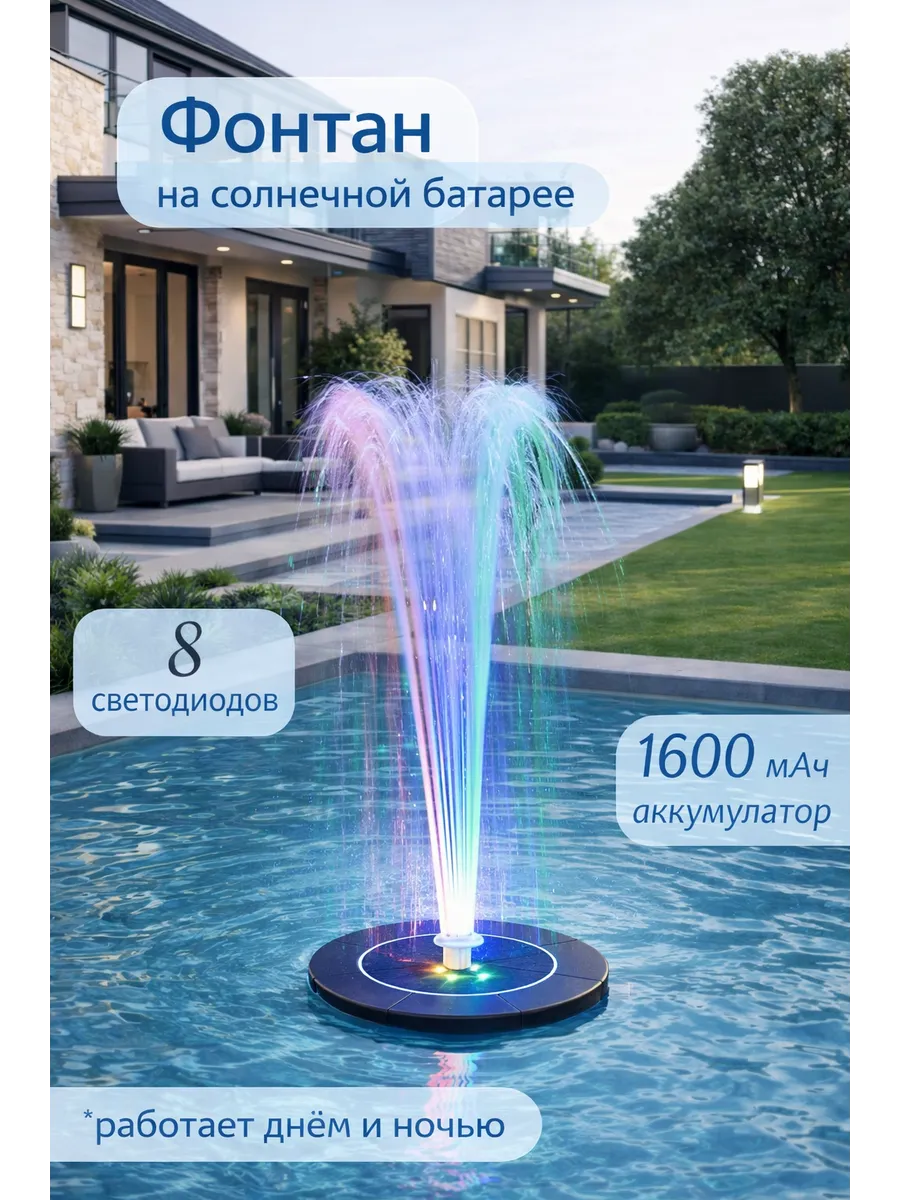 Фонтан садовый на солнечной батарее с подсветкой