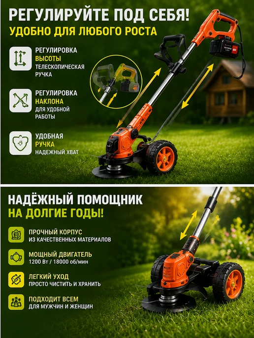 Триммер аккумуляторный для травы мощный, садовый на колесах, вариант, фото 4