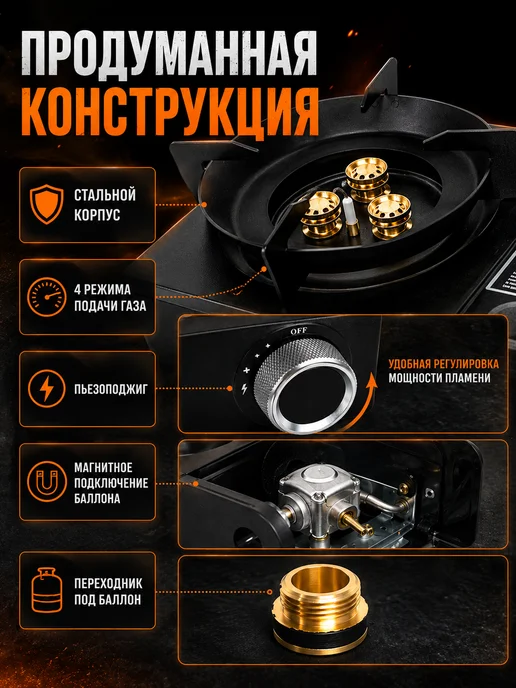 Портативная газовая плита в кейсе с переходником 3.2 кВт, черный, фото 2