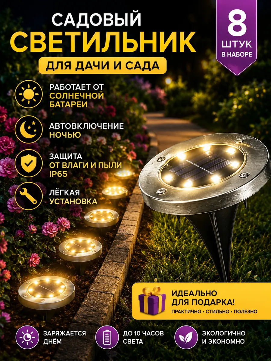 Светильник уличный на солнечной батарее "Диск 8шт"
