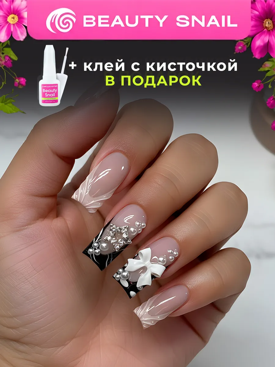 Накладные ногти с дизайном и клеем бантики
