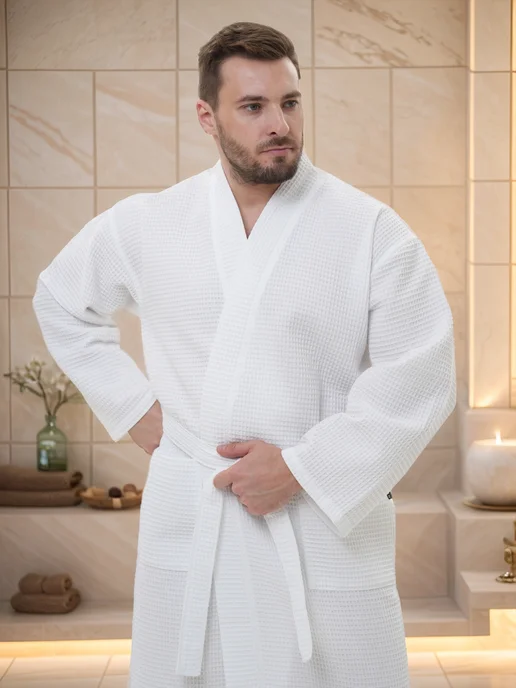VIEN Халат мужской вафельный хлопок домашний HOTEL WAFFLE COTTON, белый, фото 2