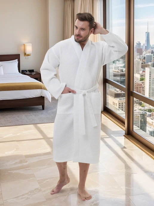VIEN Халат мужской вафельный хлопок домашний HOTEL WAFFLE COTTON, белый, фото 4