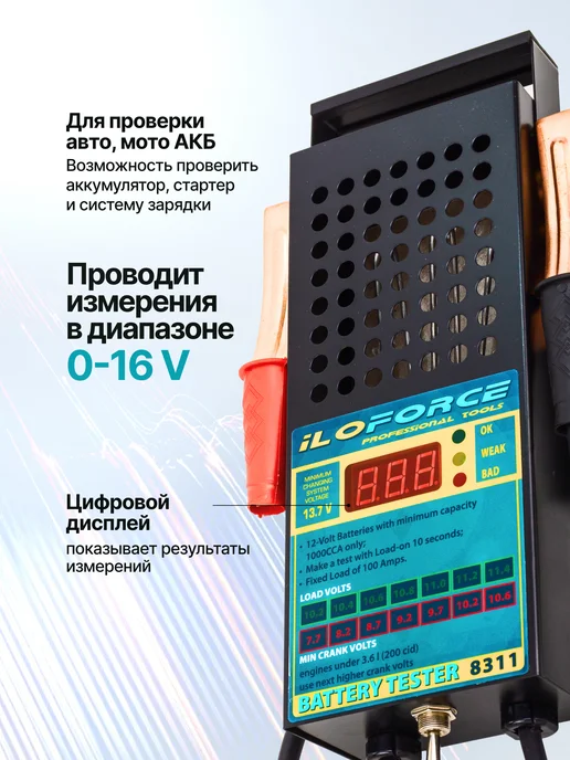 ILOforce Тестер аккумуляторных батарей цифровой 12V, 100A, 200Ah, черный, фото 3
