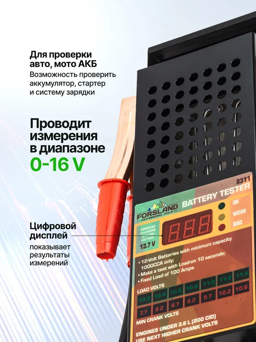Forsland Тестер аккумуляторных батарей цифровой 12V, 100A, 200Ah, черный, фото 3