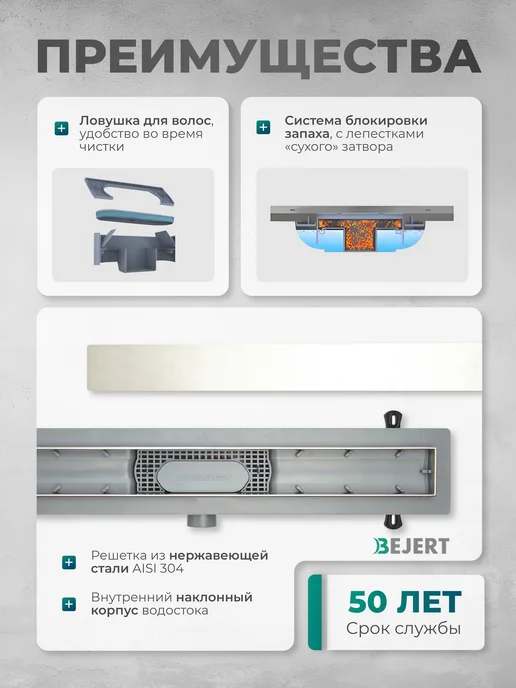 Bejert Трап для душа под плитку 400 мм, горизонтальный D40 50 мм, серый, фото 3