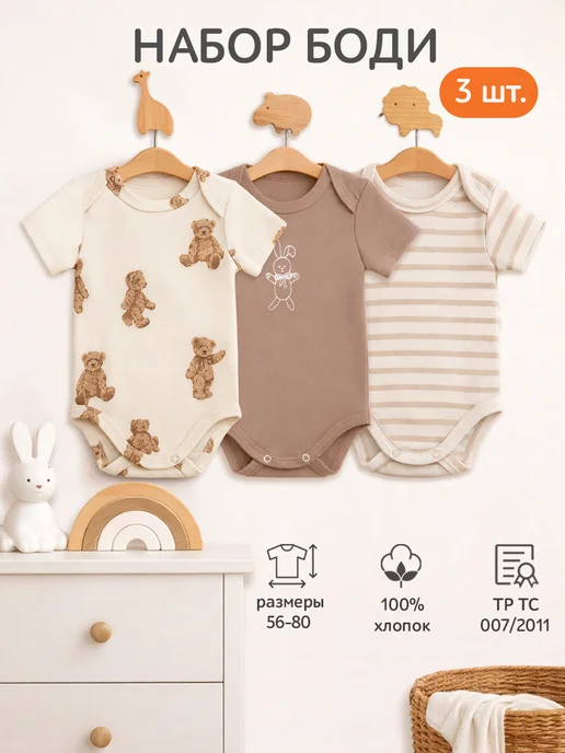 Моой Малыш Комплект боди для новорожденных с коротким рукавом, 3 шт