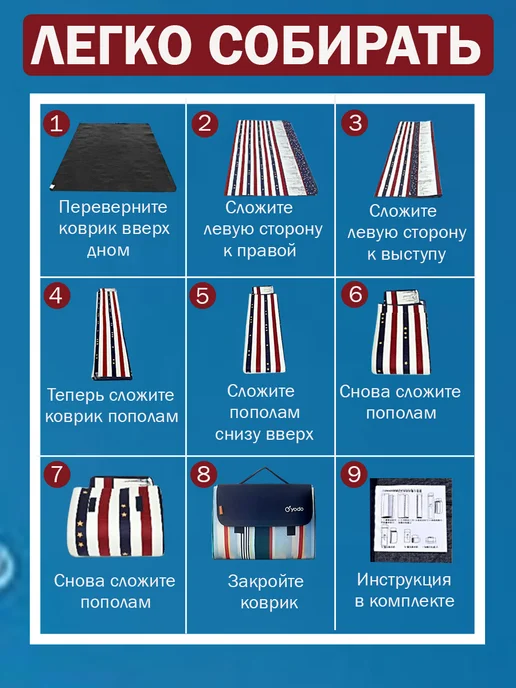 Vvhome Коврик складной пляжный, для пляжа пикника и моря, голубой, фото 6