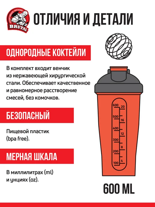 BRUTAL Шейкер спортивный для протеина с сеткой 600 мл красный, 600 мл, фото 4