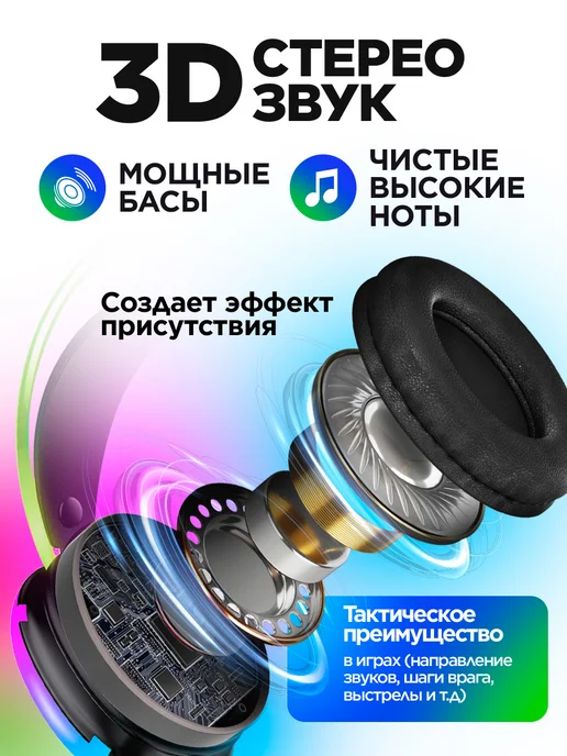 STIMAXON Игровые наушники беспроводные большие с подсветкой RGB, черный, фото 2