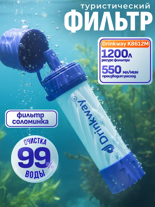 Drinkway Фильтр соломинка для очистки воды пластиковой бутылки, синий