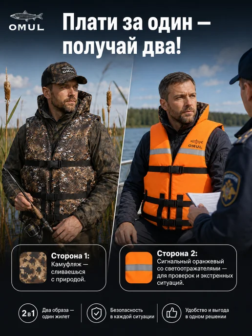 OMUL Двусторонний спасательный жилет Омуль до 100 кг, 100 кг, фото 2