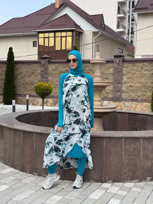 Ansari_Brand Буркини с бонькой 3 в 1 мусульманский купальник закрытый, голубой