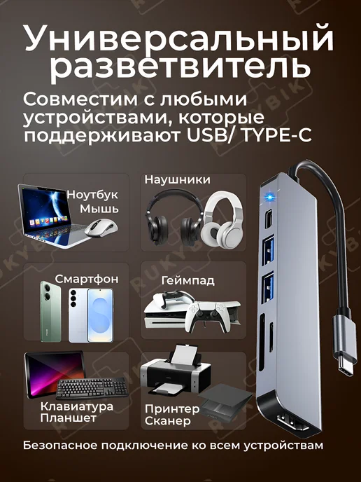 RUKYBIK Переходник USB HUB с SD TF разветвитель, черный, фото 3