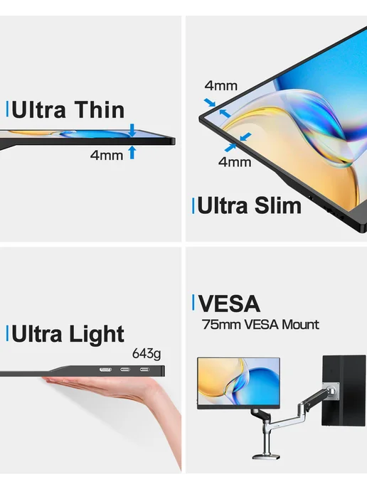Uperfect 15,6-дюймовый сенсорный портативный монитор 1080P VESA, 15 6-дюймовый сенсорный портативный, фото 8