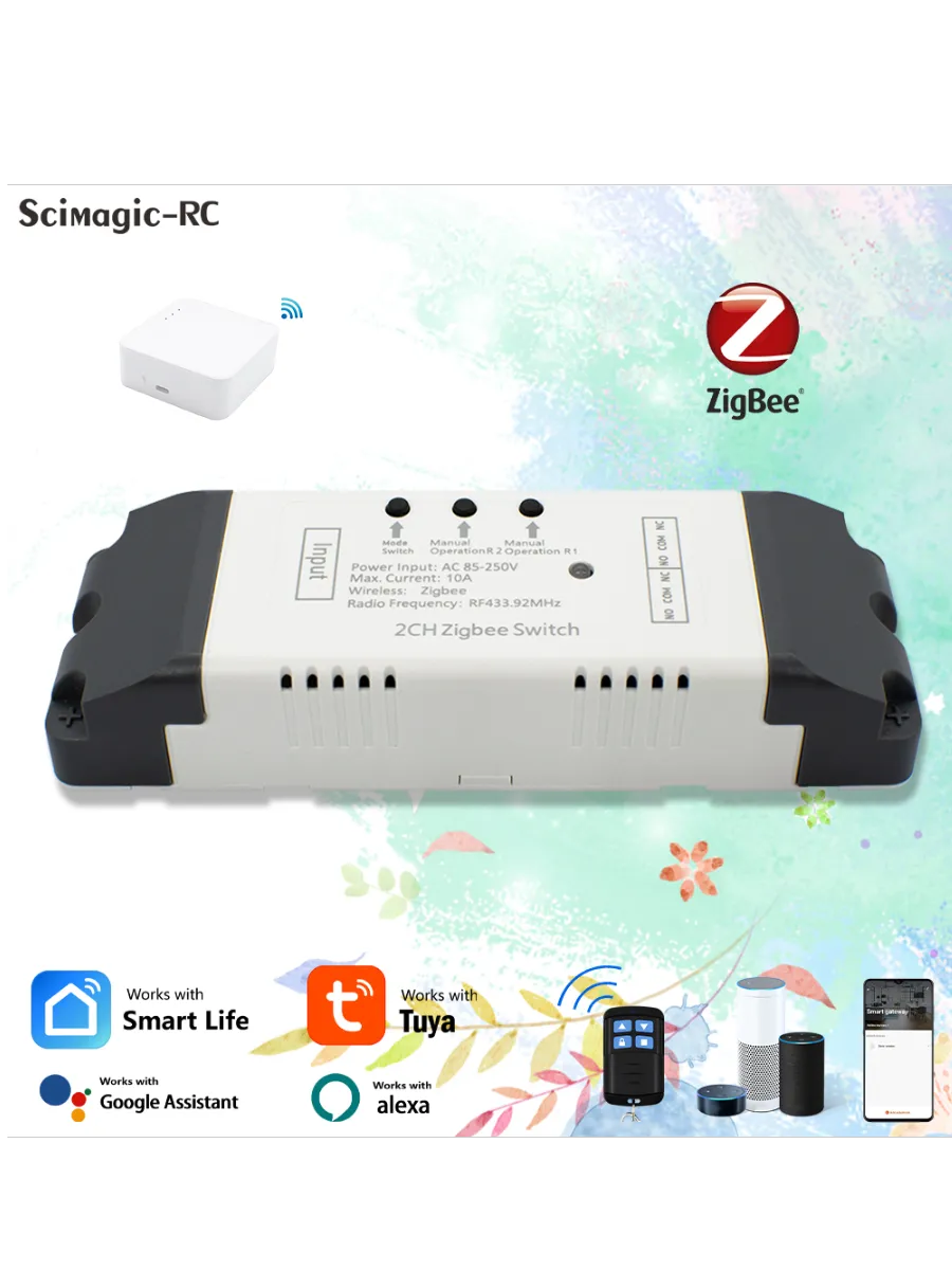 Zigbee умный релейный переключатель 2 канала 85-250 В RF433