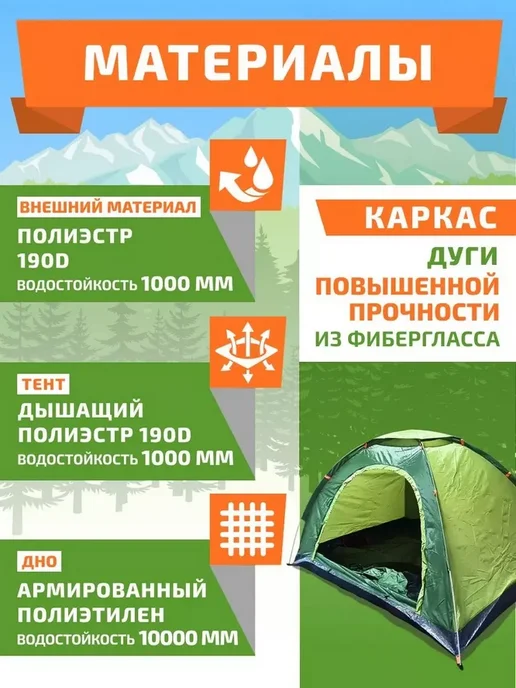 Палатка 2х-местная, зеленый, фото 3