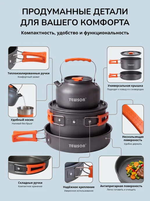 TEWSON Набор посуды туристический для 3 человек, черный, фото 4