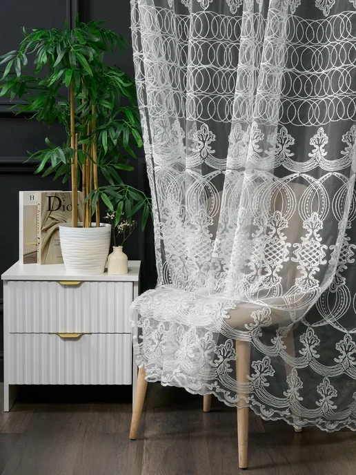 ADOL-TEX Готовый тюль 200х250 см с вышивкой на шторной ленте, 200x250 см, фото 2