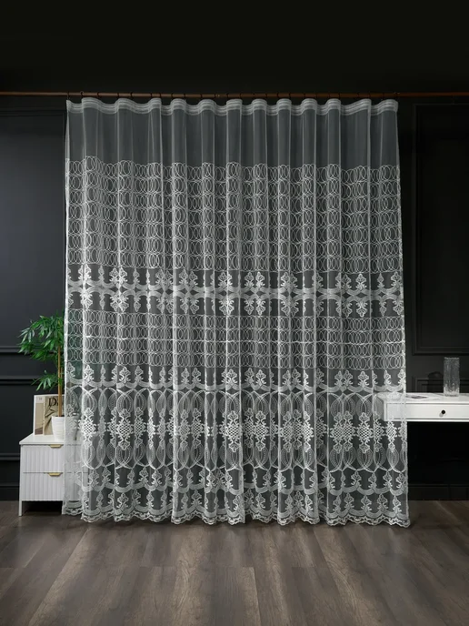 ADOL-TEX Готовый тюль 200х250 см с вышивкой на шторной ленте, 200x250 см, фото 4
