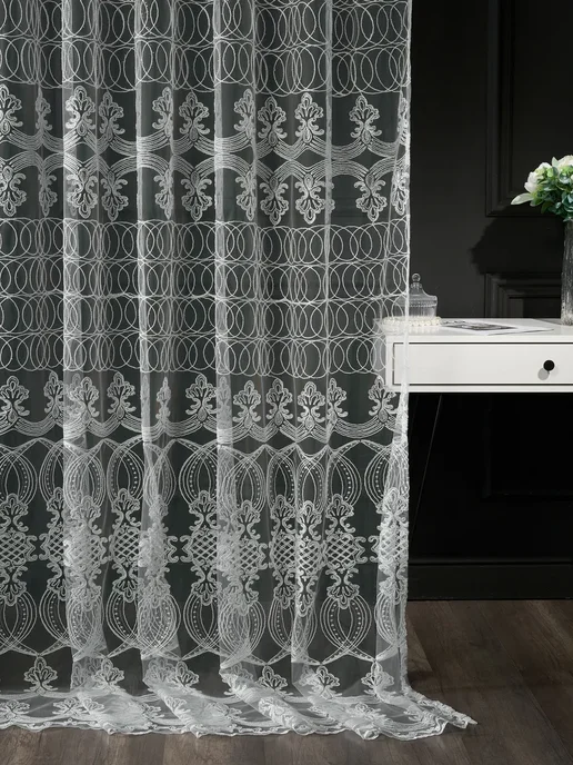 ADOL-TEX Готовый тюль 200х250 см с вышивкой на шторной ленте, 200x250 см, фото 6