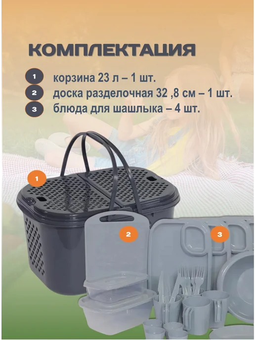 ИНТЕРМ Посуда для пикника в корзине, серый, фото 2