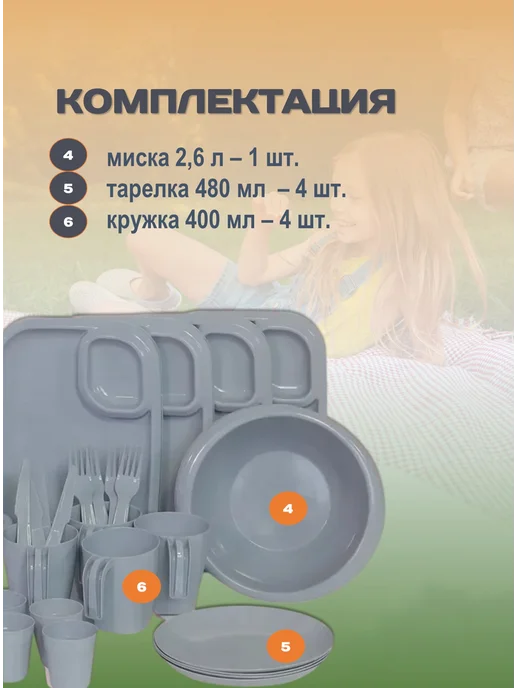 ИНТЕРМ Посуда для пикника в корзине, серый, фото 3