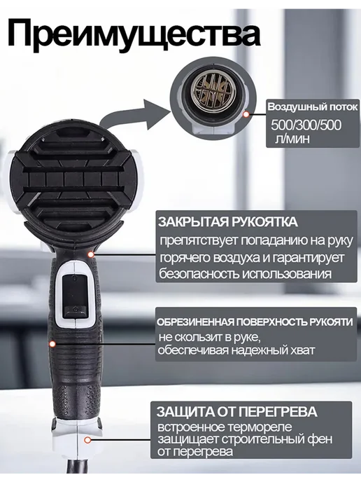 Фен строительный (2000Вт,4 насадки,1 Скребок), 2000 Вт, фото 4